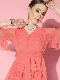 Berrylush Pink Self Design Ruffle Detail Dress