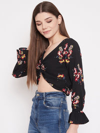 Berrylush Black & Red Floral Bishop Sleeves Crepe Wrap Crop Top