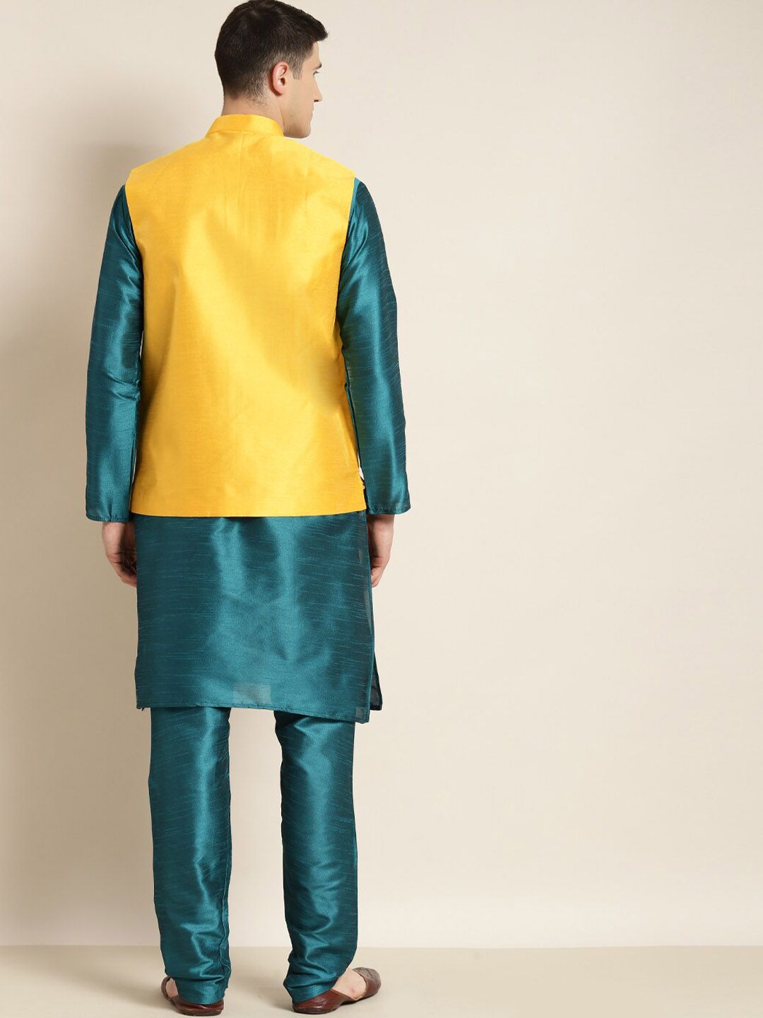 SOJANYA Mandarin Collar Straight Kurta with Churidar with Mirror Work Nehru Jacket
