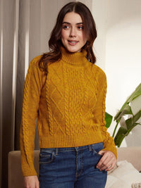 Berrylush Mustard Yellow Cable Knit Self Design Turtle Neck Acrylic Pullover Sweater