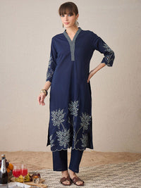 Indo Era Embroidered Three-Quarter Sleeves Pure Cotton Tunic With Trouser