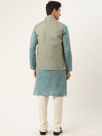 SOJANYA Men Teal Blue & Green Ethnic Motifs Kurta with Churidar & Nehru Jacket