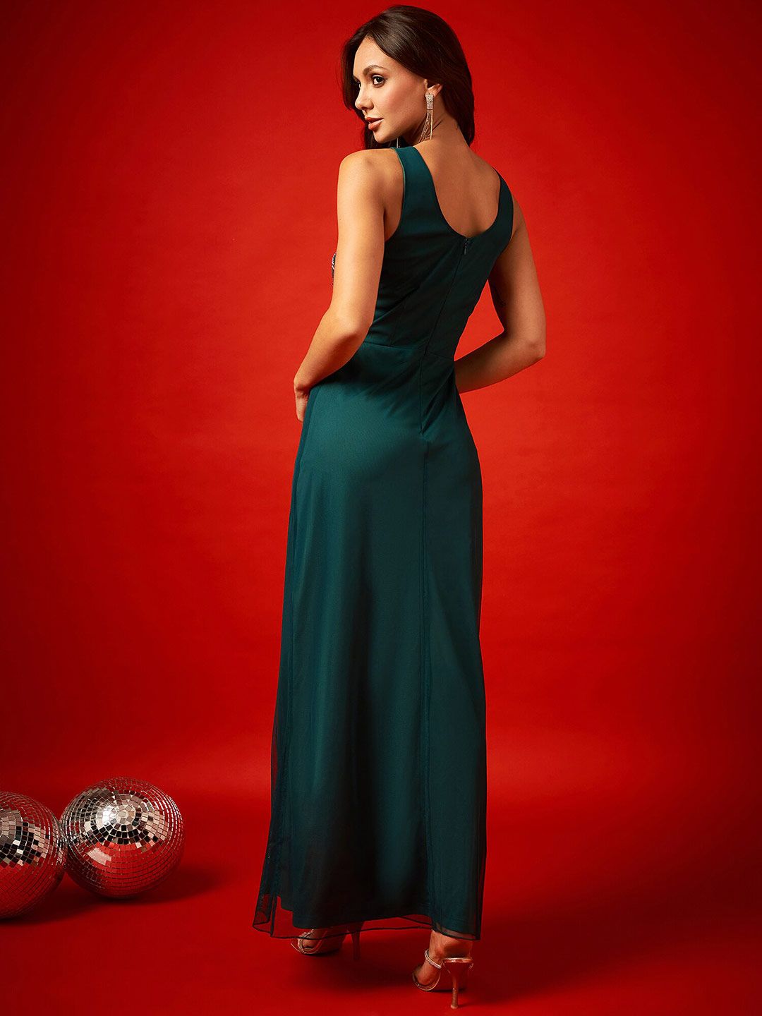 STREET 9 Green Embellished Net Maxi Dress