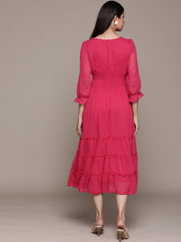 Antheaa Fuchsia Solid Chiffon Smocked Tiered Midi Dress