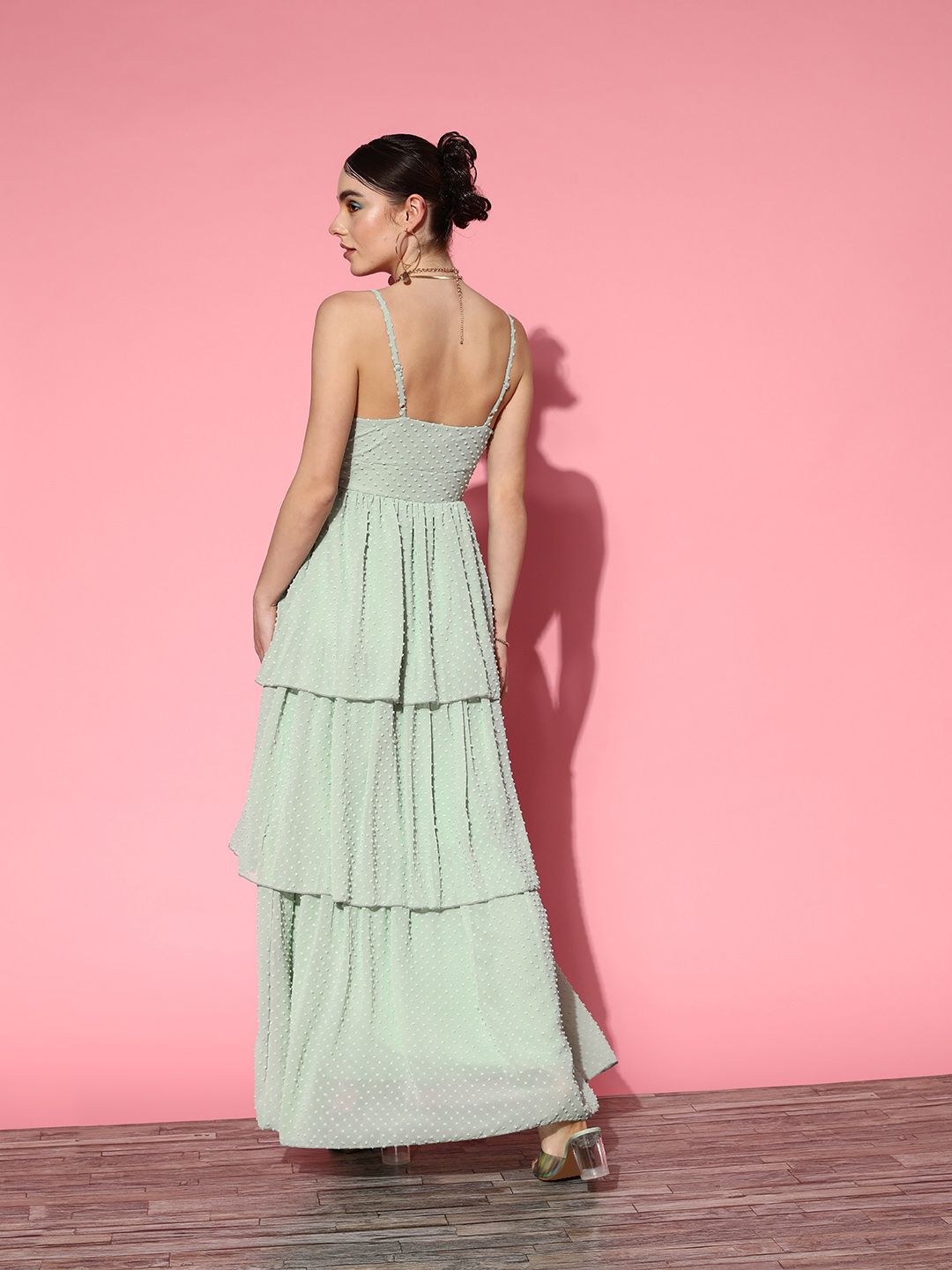 Berrylush Green Layered Georgette Maxi Dress