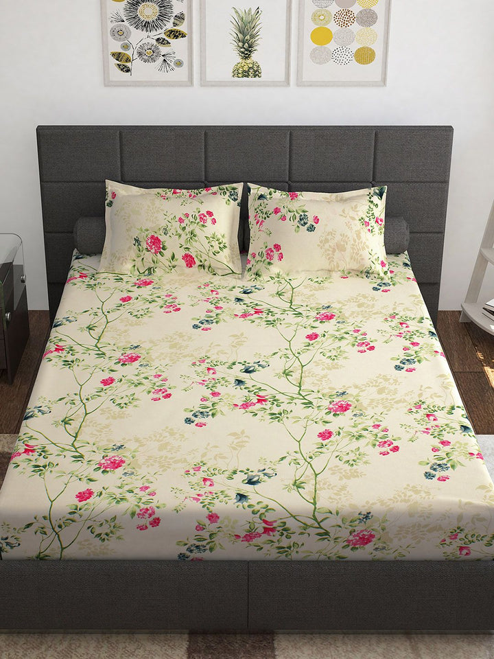 Story@home Ventura Cream Green Floral 144 TC Cotton Queen Bedsheet with 2 Pillow Covers
