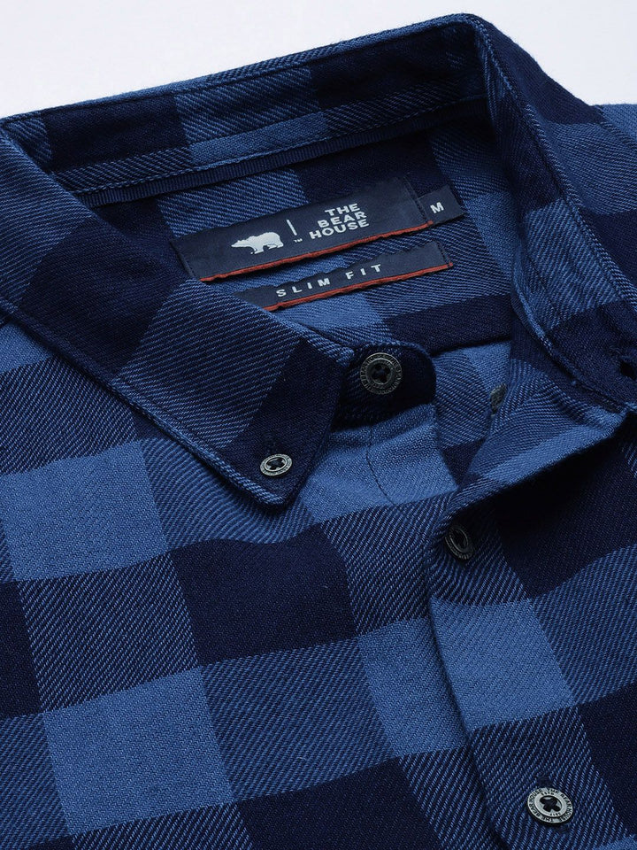 THE BEAR HOUSE Men Flannel Cotton Slim Fit Windowpane Checked Casual Shirt
