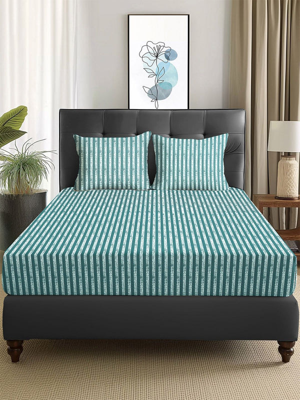 Story@home Arena Green & White Striped Microfiber 180 TC Queen Bedsheet & 2 Pillow Covers