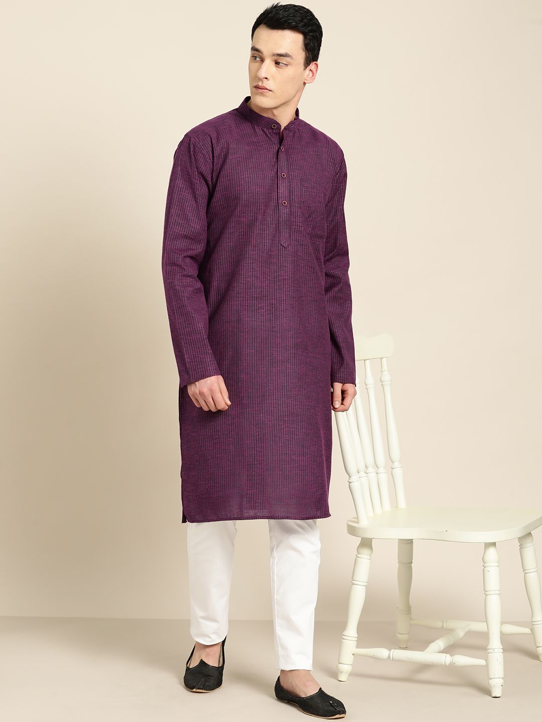 SOJANYA Kurta Lurus Berjalur Ungu Lelaki