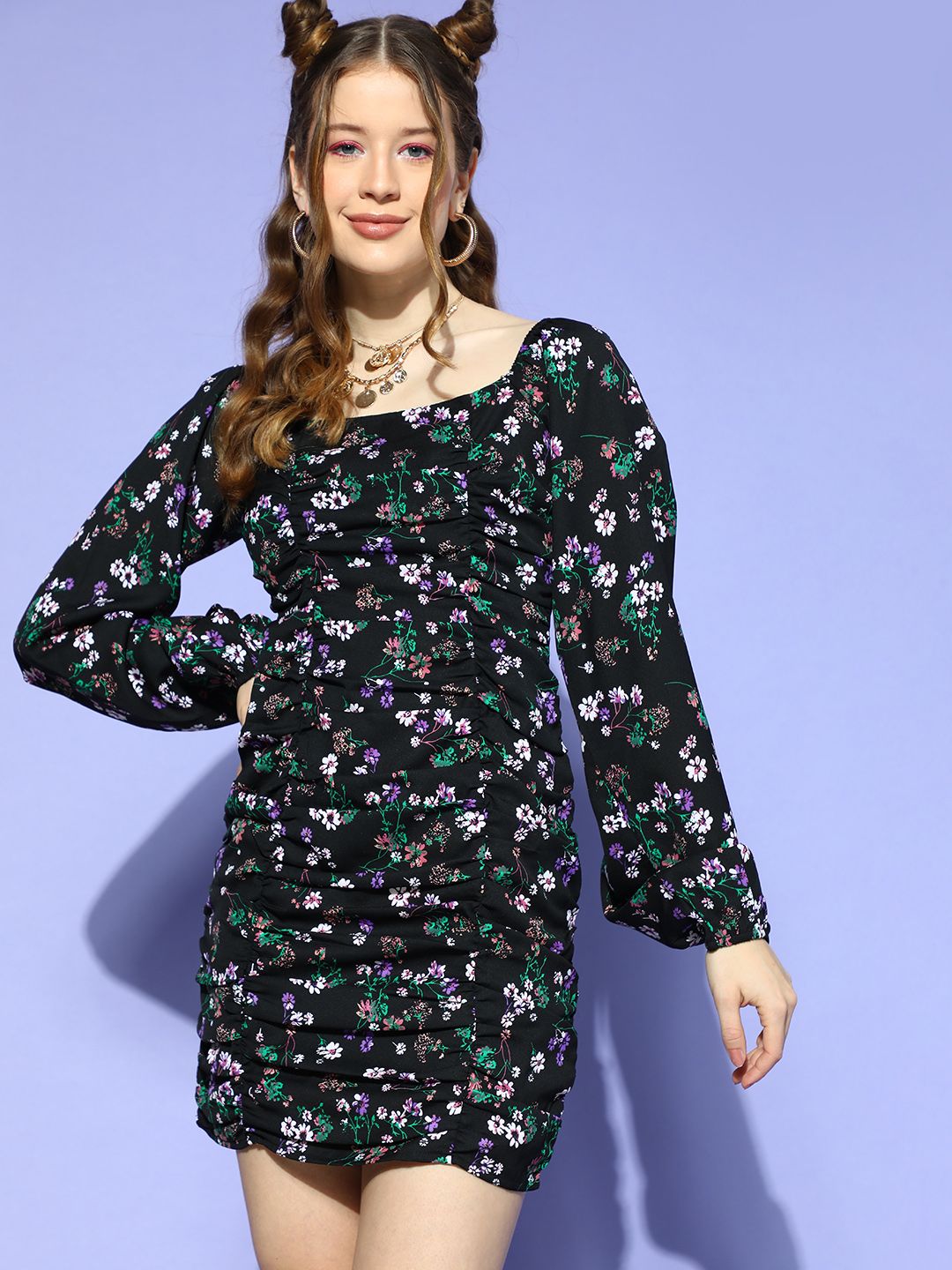Berrylush Women Stylish Black Floral Volume Play Dress