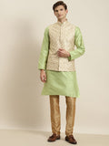 SOJANYA Men Green Striped Kurta with Churidar & Nehru Jacket