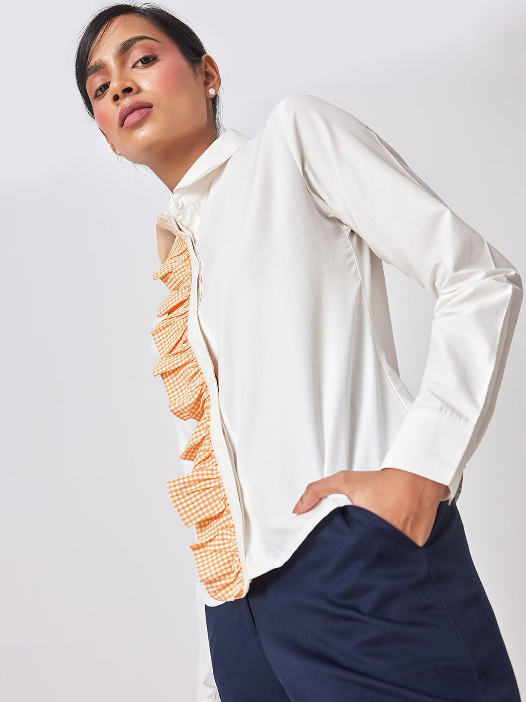 The Label Life White Comfort Ruffled Casual Shirt