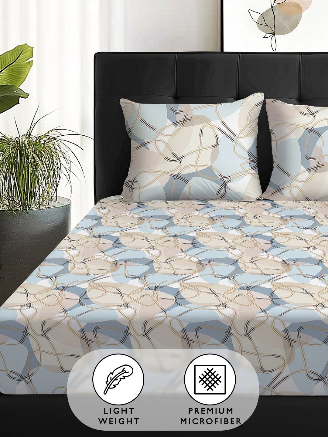 Story@home Arena Cream-Coloured & Grey Printed 180 TC Queen Bedsheet & 2 Pillow Covers