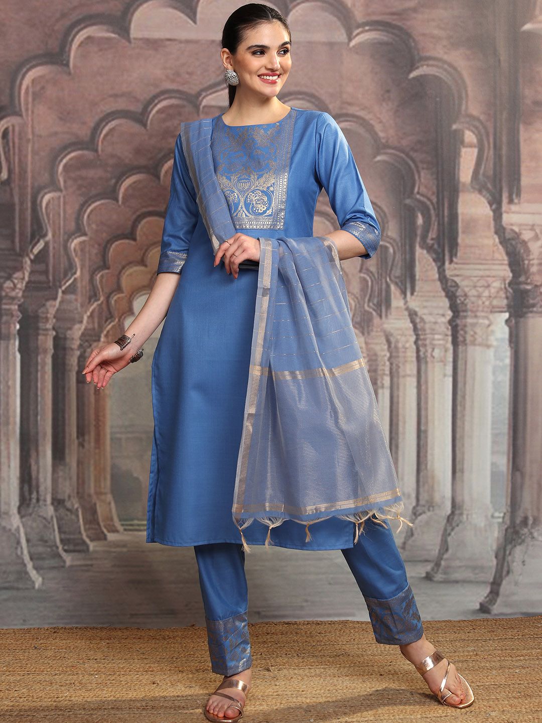 Vishudh Blue Ethnic Motifs Yoke Design Straight Kurta With Trousers & Dupatta
