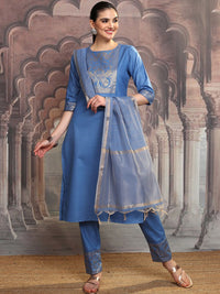 Vishudh Blue Ethnic Motifs Yoke Design Straight Kurta With Trousers & Dupatta