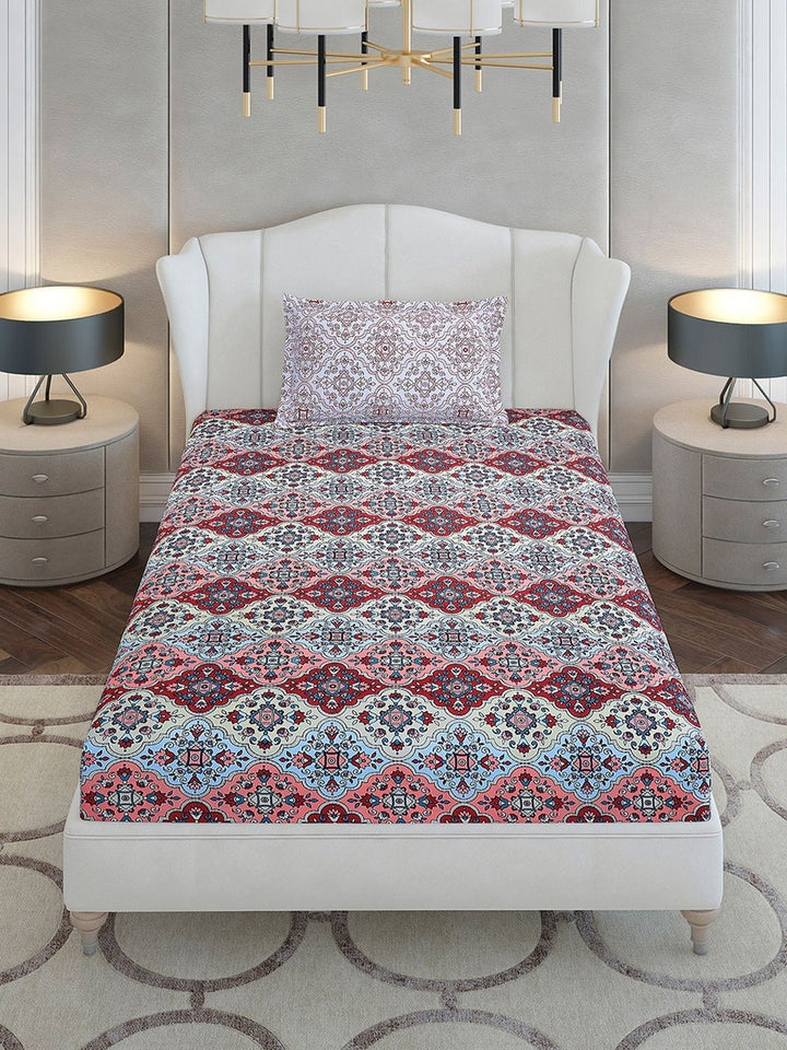 Monte Carlo Maroon & Blue Ethnic Motifs Cotton 144 TC Single Bedsheet Set-2.29 m x 1.52 m