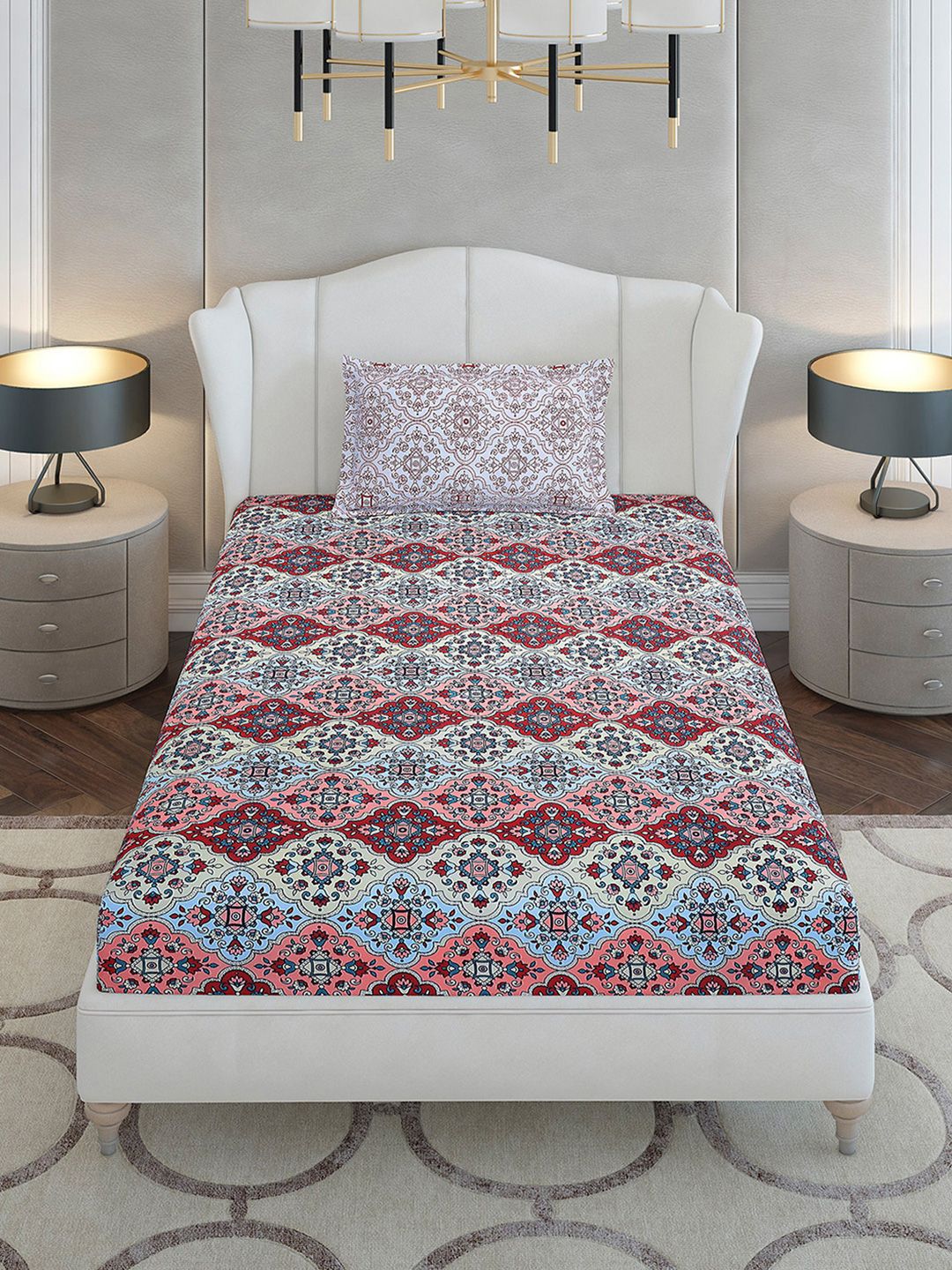Monte Carlo Maroon & Blue Ethnic Motifs Cotton 144 TC Single Bedsheet Set-2.29 m x 1.52 m