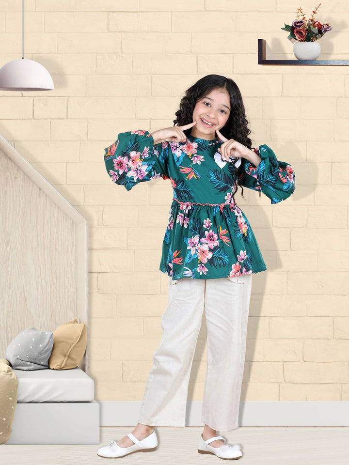 Cutiekins Girls Sea Green & Off White Printed Top with Palazzos