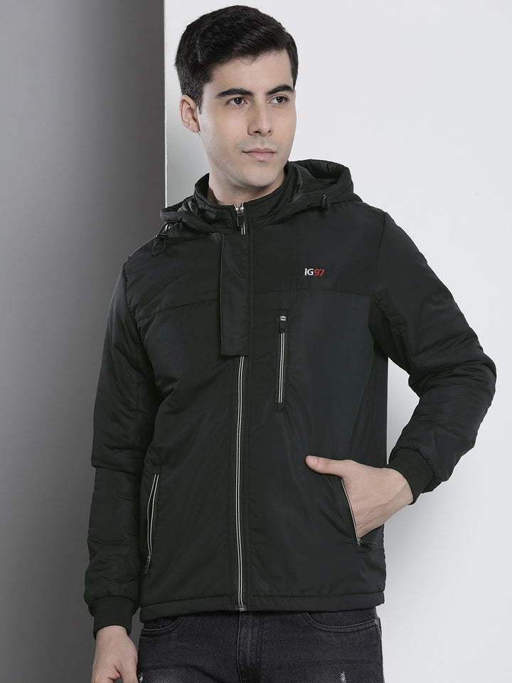 The Indian Garage Co Men Black Hooded Sporty Jacket