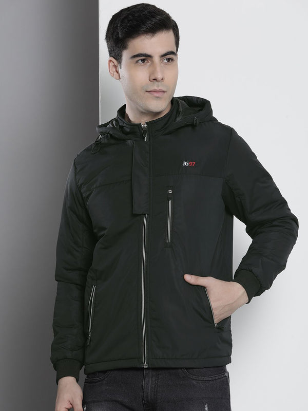 The Indian Garage Co Men Black Hooded Sporty Jacket