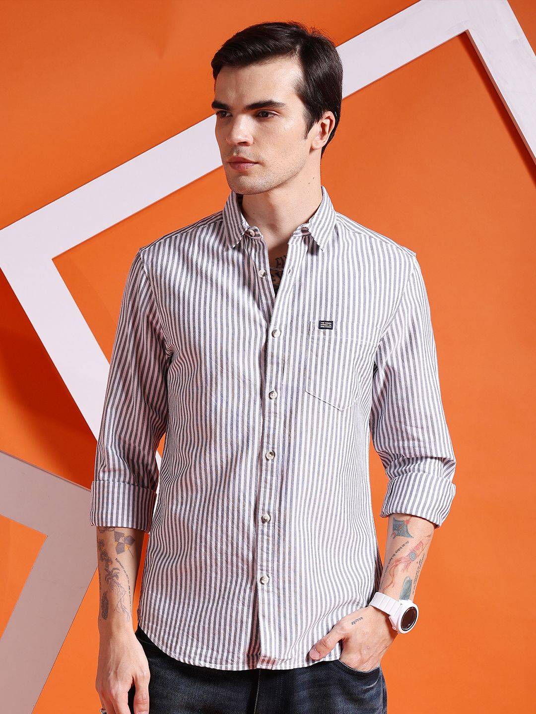 The Indian Garage Co Men Black Slim Fit Multi Stripes Striped Casual Shirt