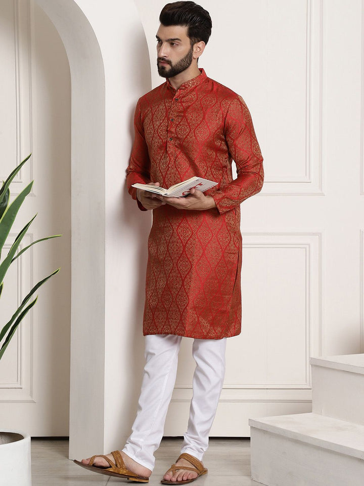 SOJANYA Ethnic Motifs Woven Design Band Collar Straight Kurta