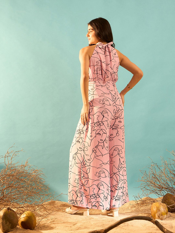 Berrylush Pink Abstract Printed Halter Neck Basic Jumpsuit