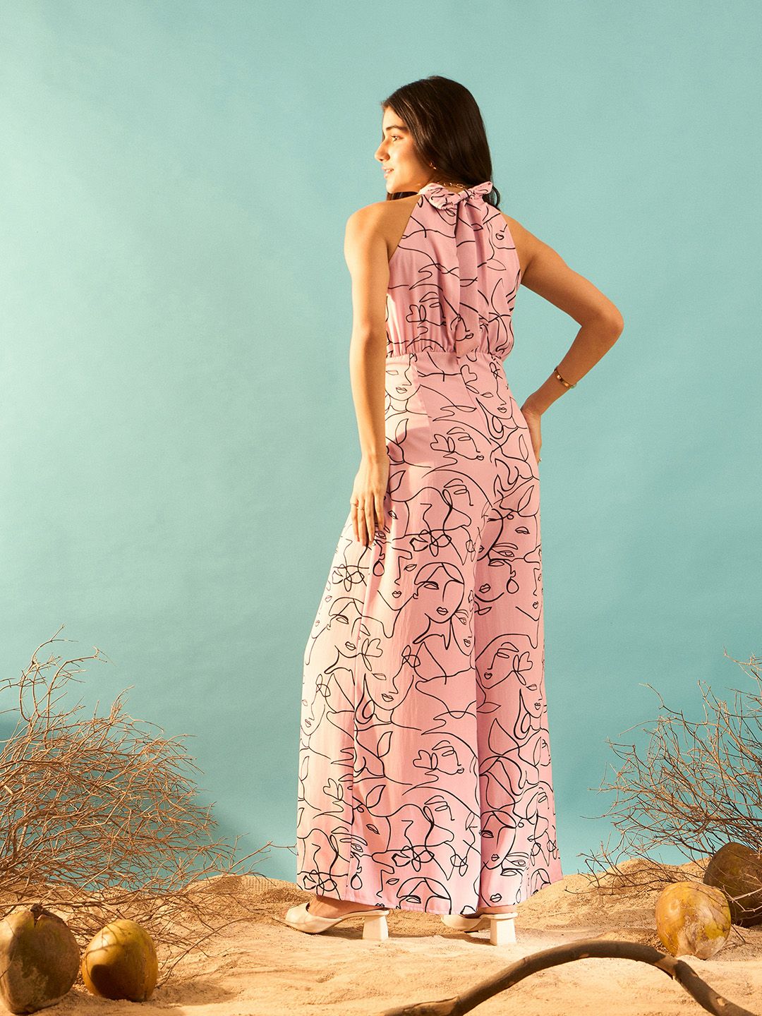 Berrylush Pink Abstract Printed Halter Neck Basic Jumpsuit