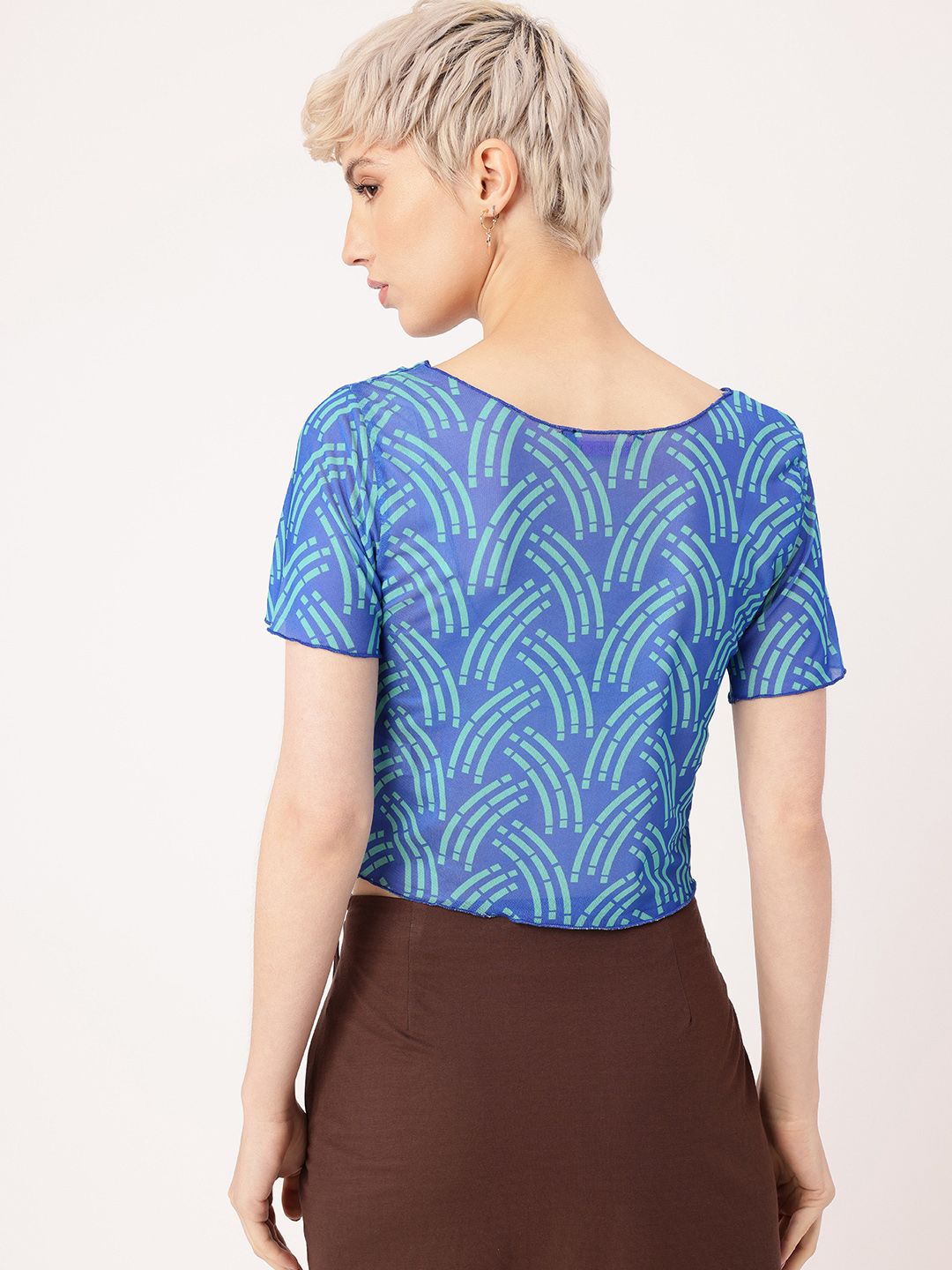 DressBerry Getaway Printed Soft Net Semi Sheer Fitted Crop Top