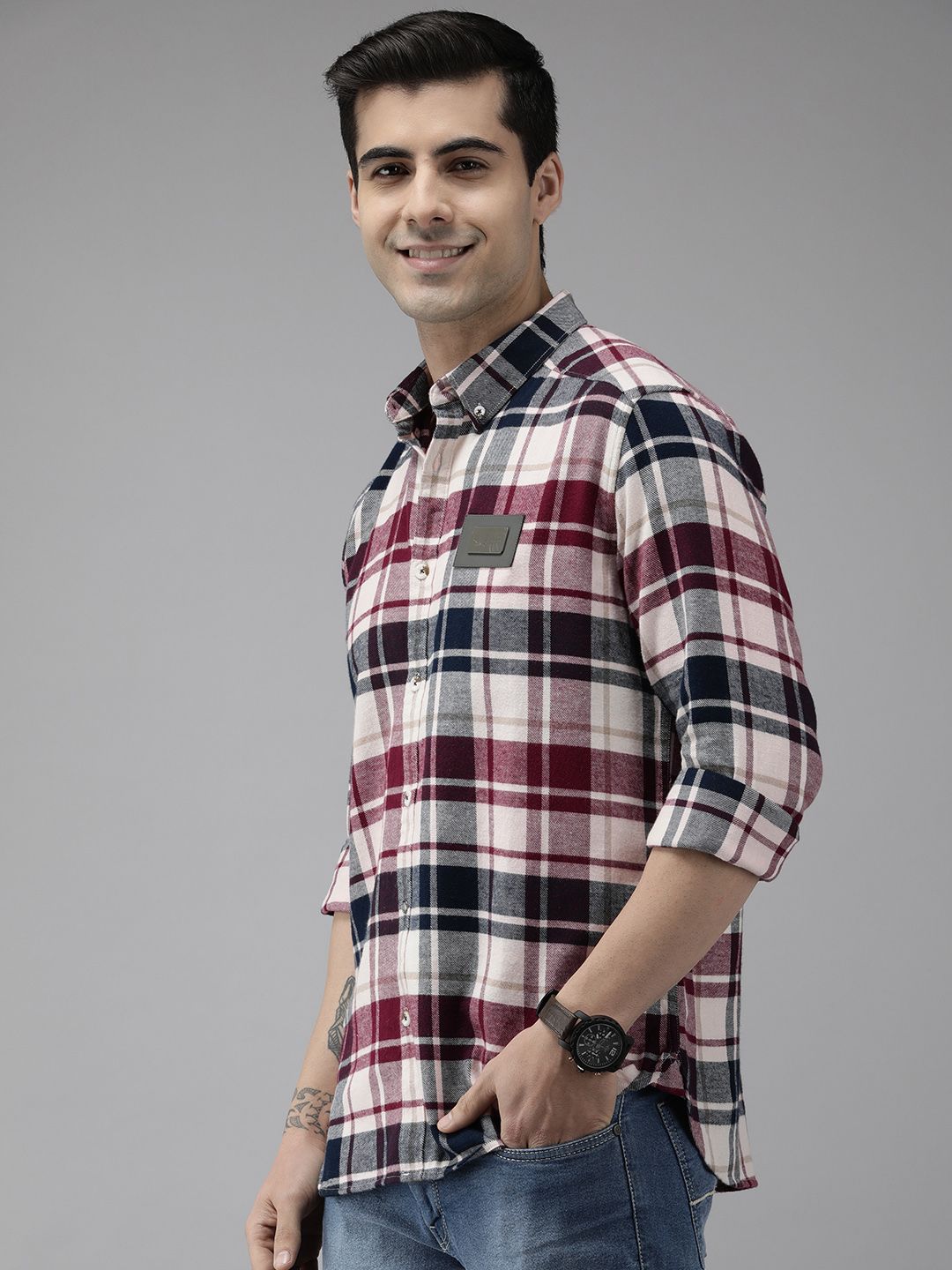 THE BEAR HOUSE Ardor Edition Men White Slim Fit Tartan Checked Pure Cotton Casual Shirt