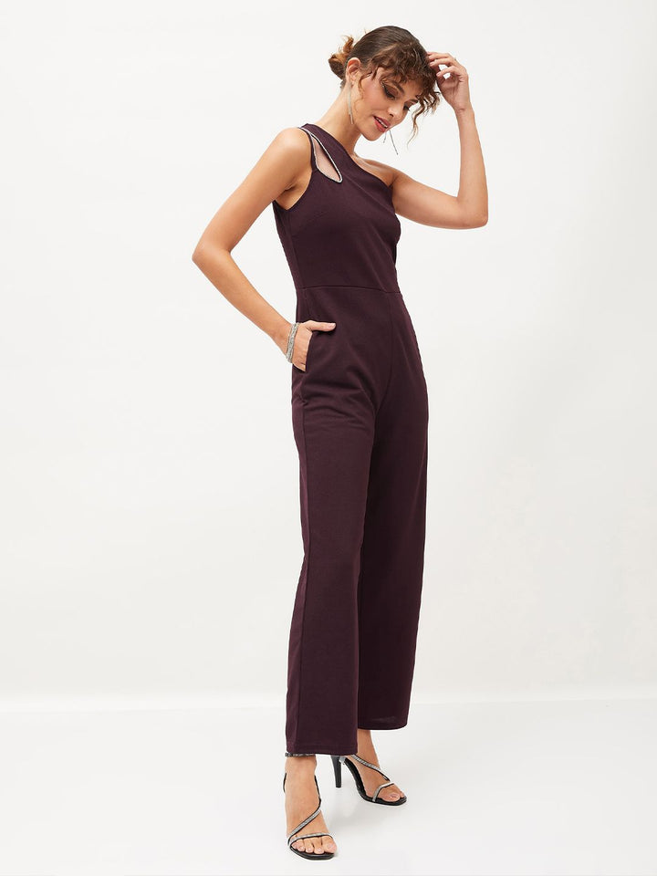 SASSAFRAS Burgundy One Shoulder Basic Jumpsuit