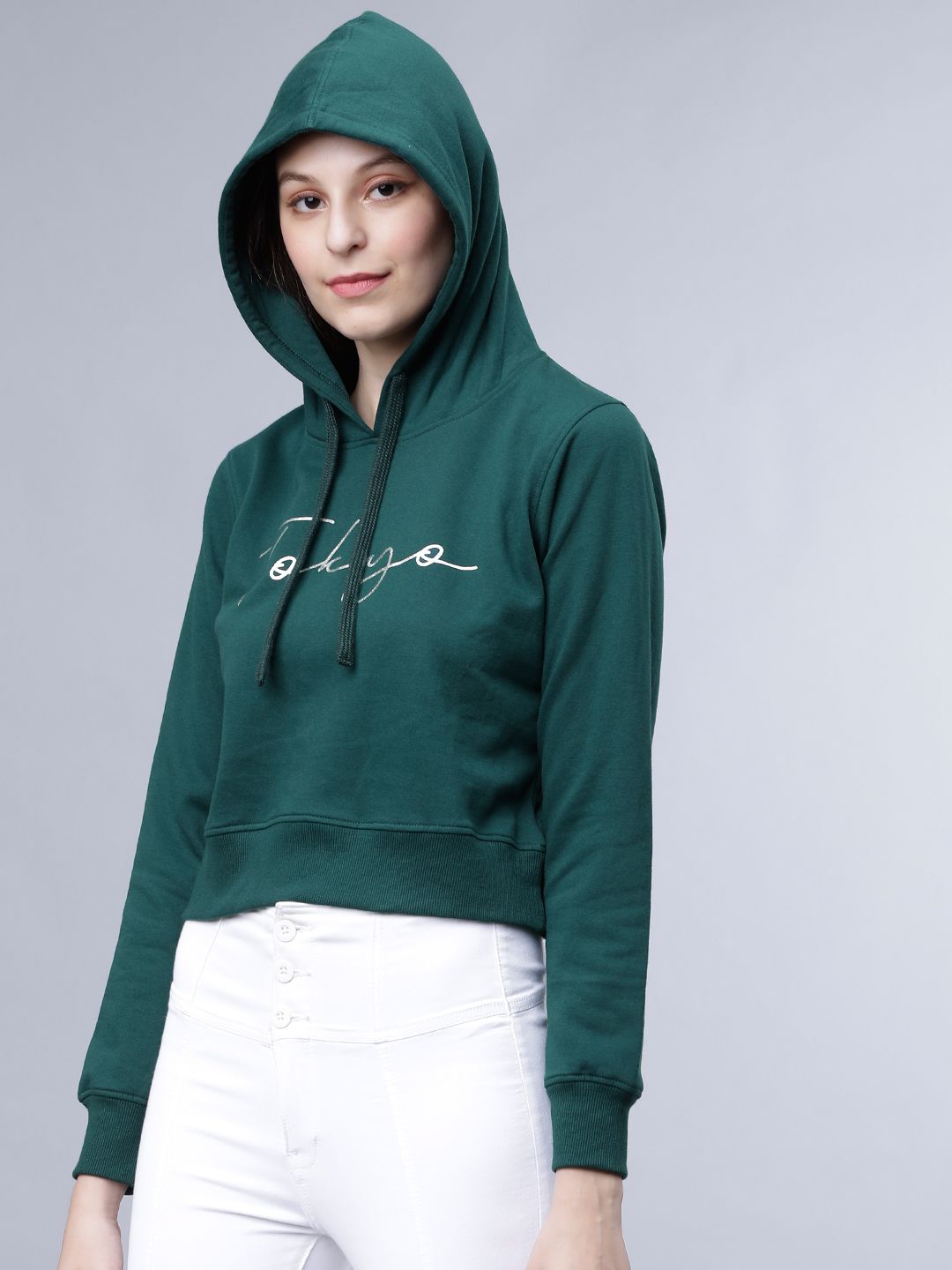Tokyo Talkies Women Green Printed Hooded Sweatshirt