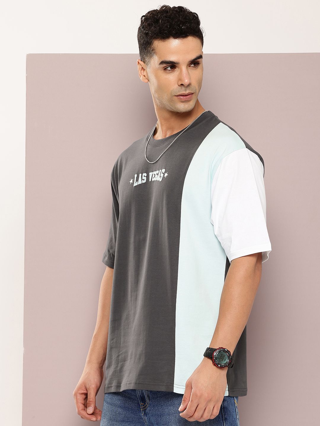DILLINGER Men Colourblocked Drop-Shoulder Sleeves Oversized Embossed Pure Cotton T-shirt
