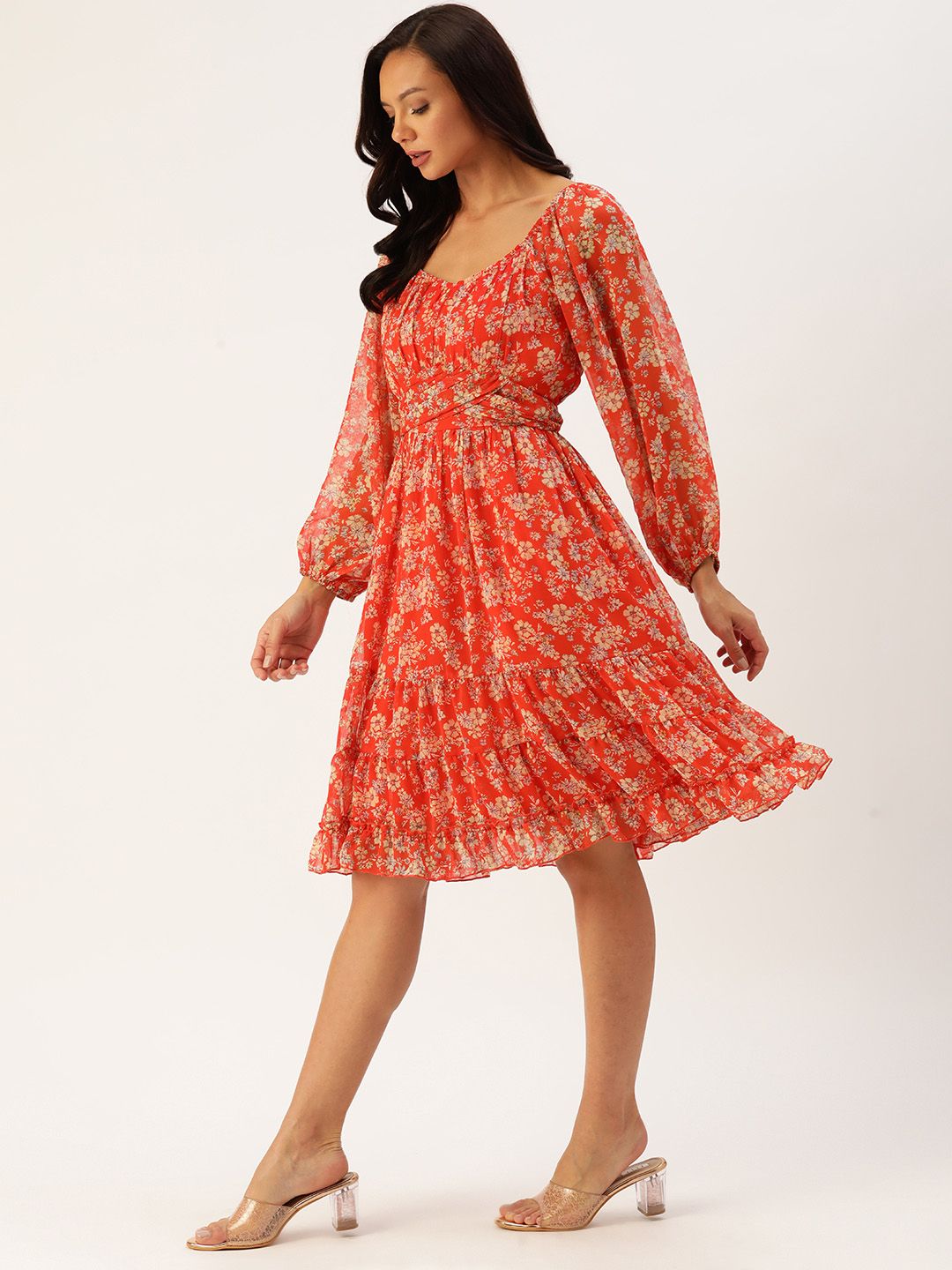 Antheaa Floral Print Puff Sleeve Chiffon A-Line Dress