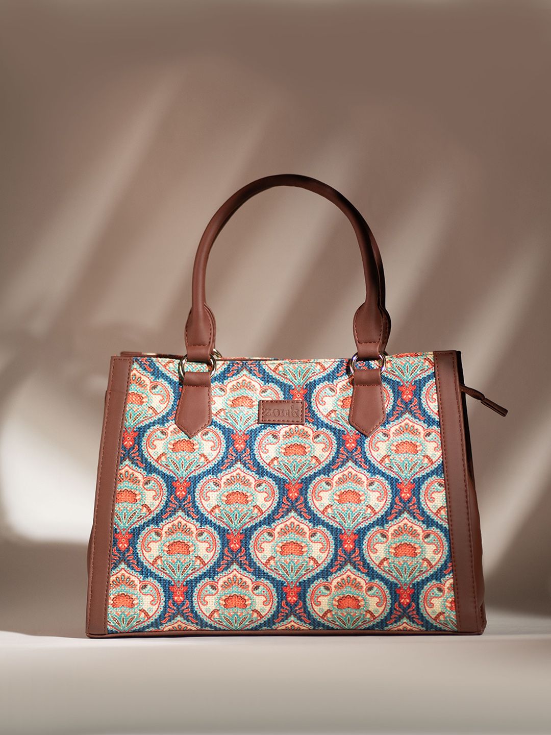 ZOUK Ethnic Motifs Printed Structured Jute Handheld Bag