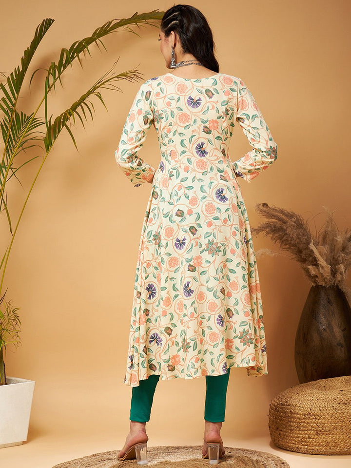Shae by SASSAFRAS Beige Floral Printed  Front Open Anarkali Kurta
