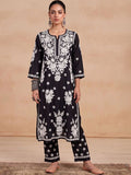 Rumah Wanita Chikankari Motif Etnik Bersulam Benang Biasa Kerja Chanderi Sutera Kurta dengan Seluar