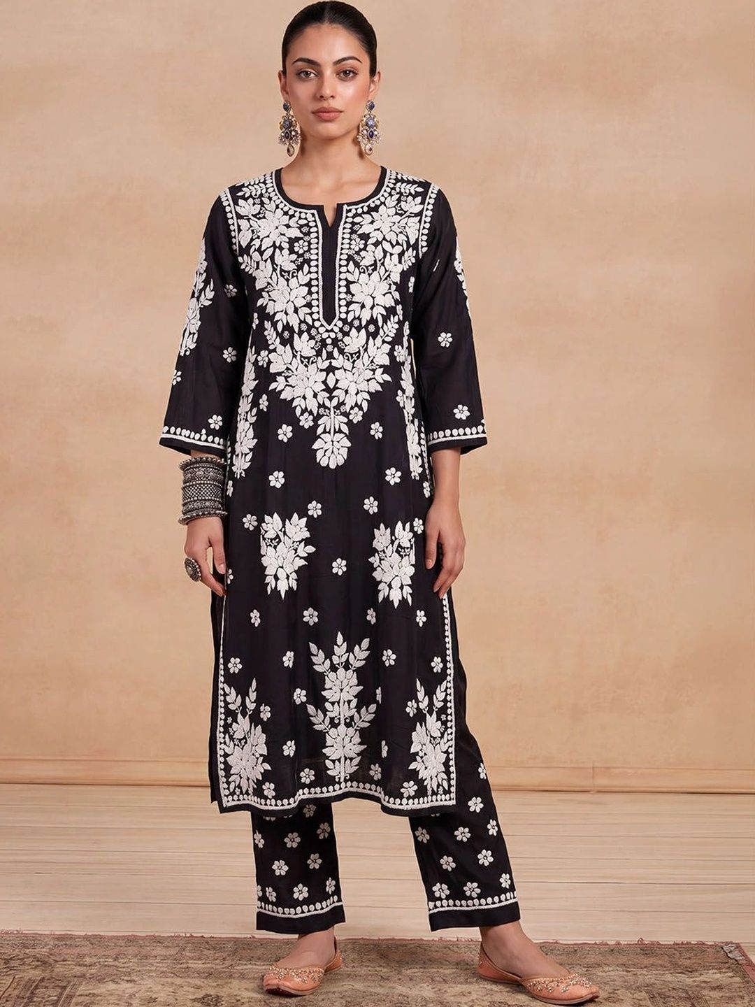 House of Chikankari Women Ethnic Motifs Embroidered Regular Thread Work Chanderi Silk Kurta with Trousers
