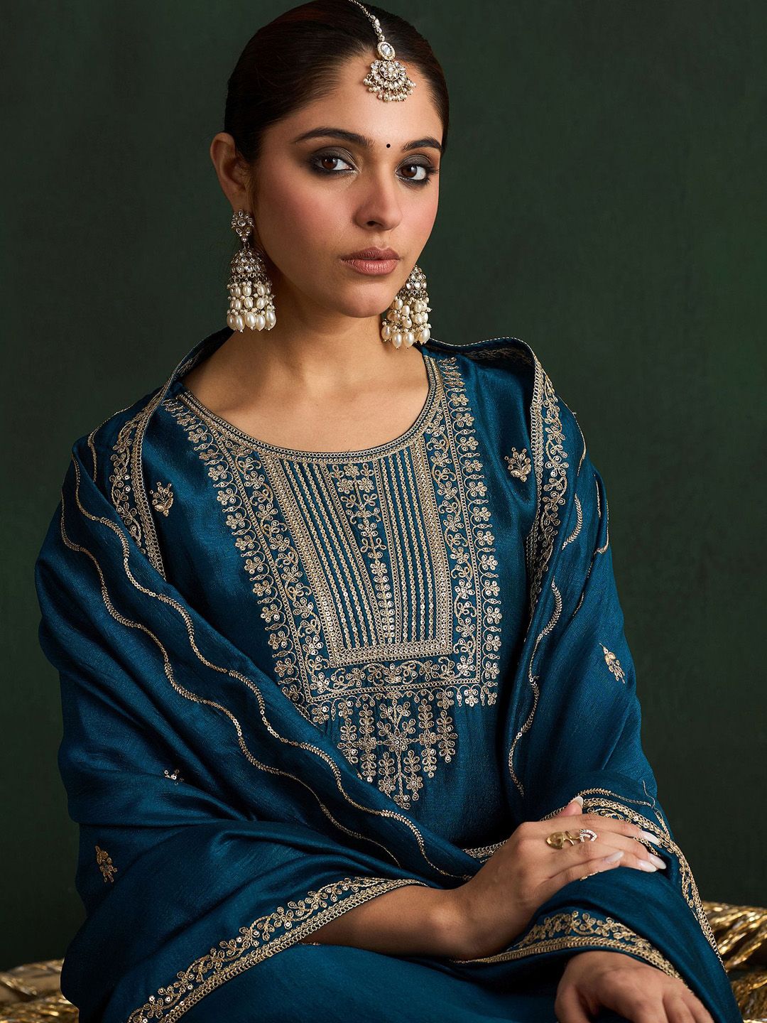 Indo Era Women Ethnic Motifs Embroidered Regular Kurta with Trousers & With Dupatta