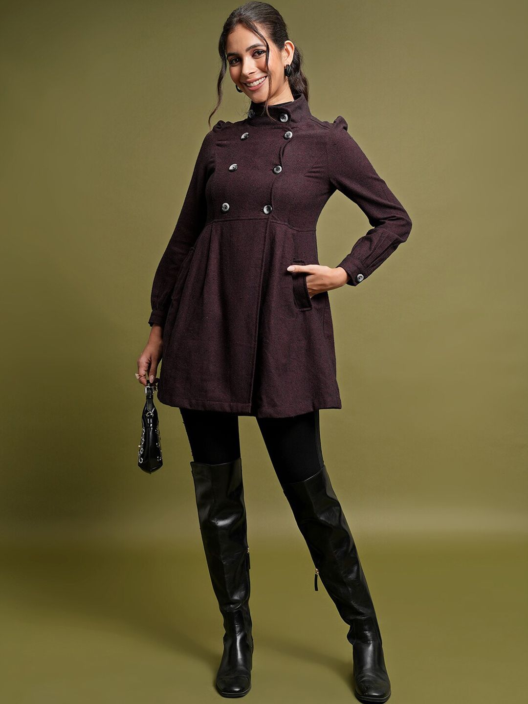 Tokyo Talkies Maroon Mock Collar Hip Length Cotton Princess Coat