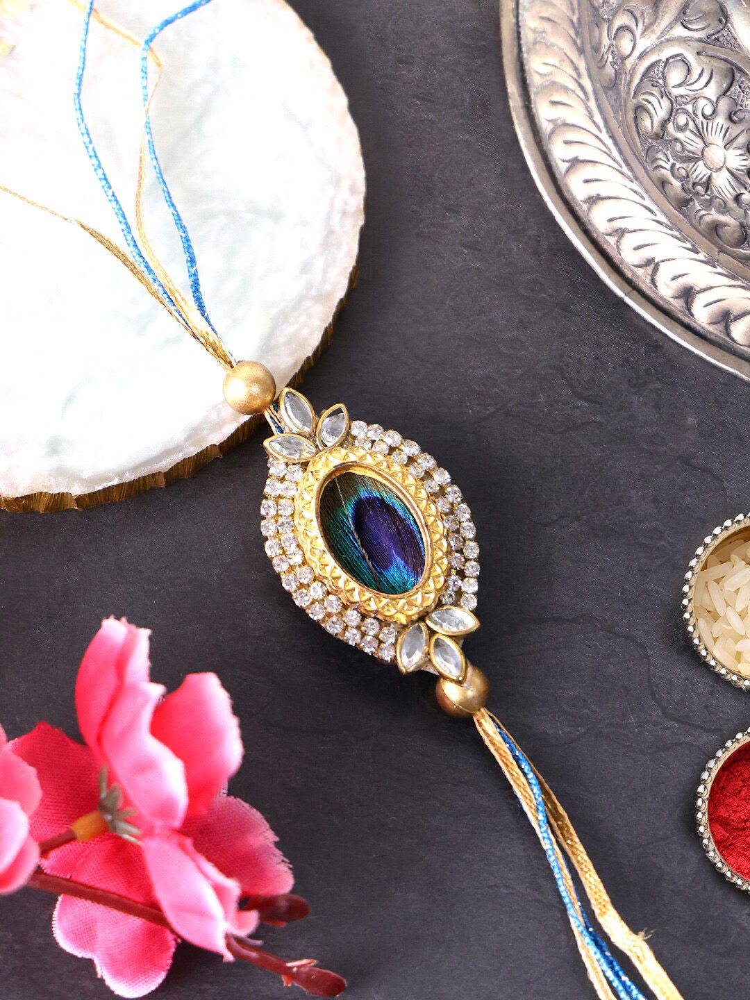 PANASH Gold Plated Beaded & Stone Studded Rakhis With Roli Chawal
