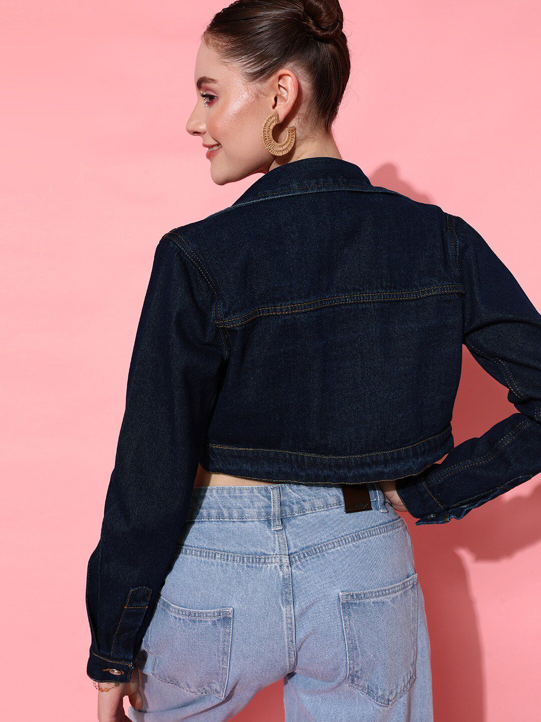 STREET 9 Women Blue Solid Crop Denim Jacket