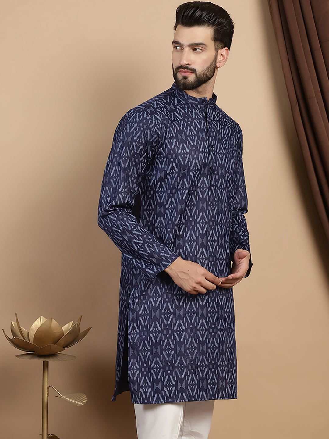 Anouk Abstrak Kolar Mandarin Bercetak Kapas Tulen Kurta Lurus