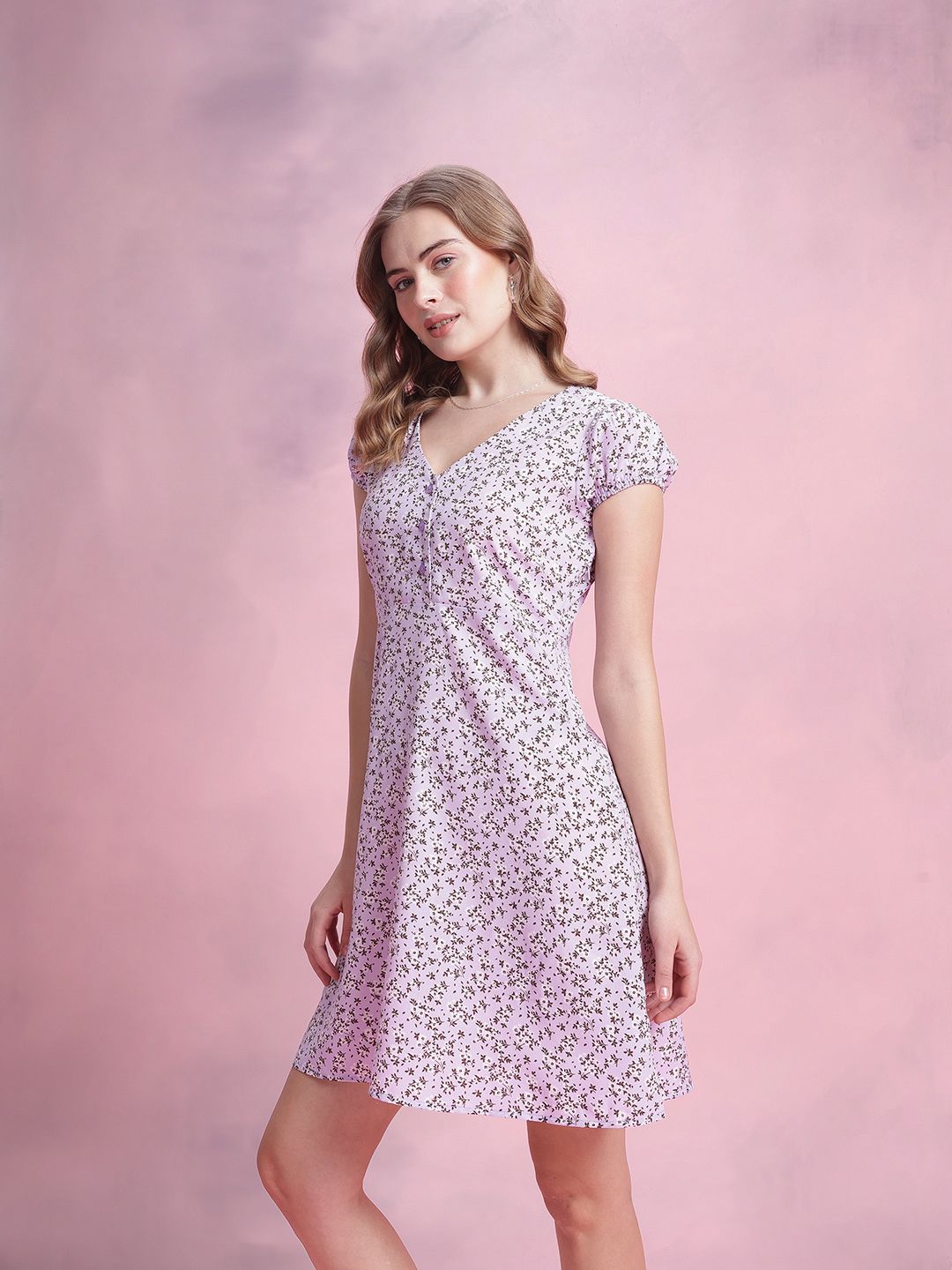 DressBerry Floral Print Puff Sleeve A-Line Mini Dress