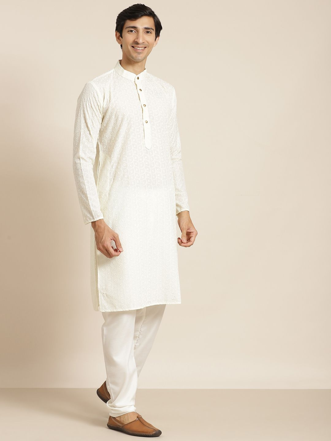 SOJANYA Men Cream-Coloured Chikankari Pure Cotton Kurta with Churidar & Nehru Jacket