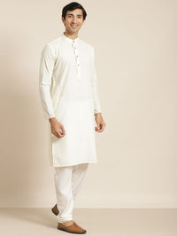 SOJANYA Lelaki Kurta Kapas Tulen Chikankari Berwarna Krim dengan Jaket Churidar & Nehru