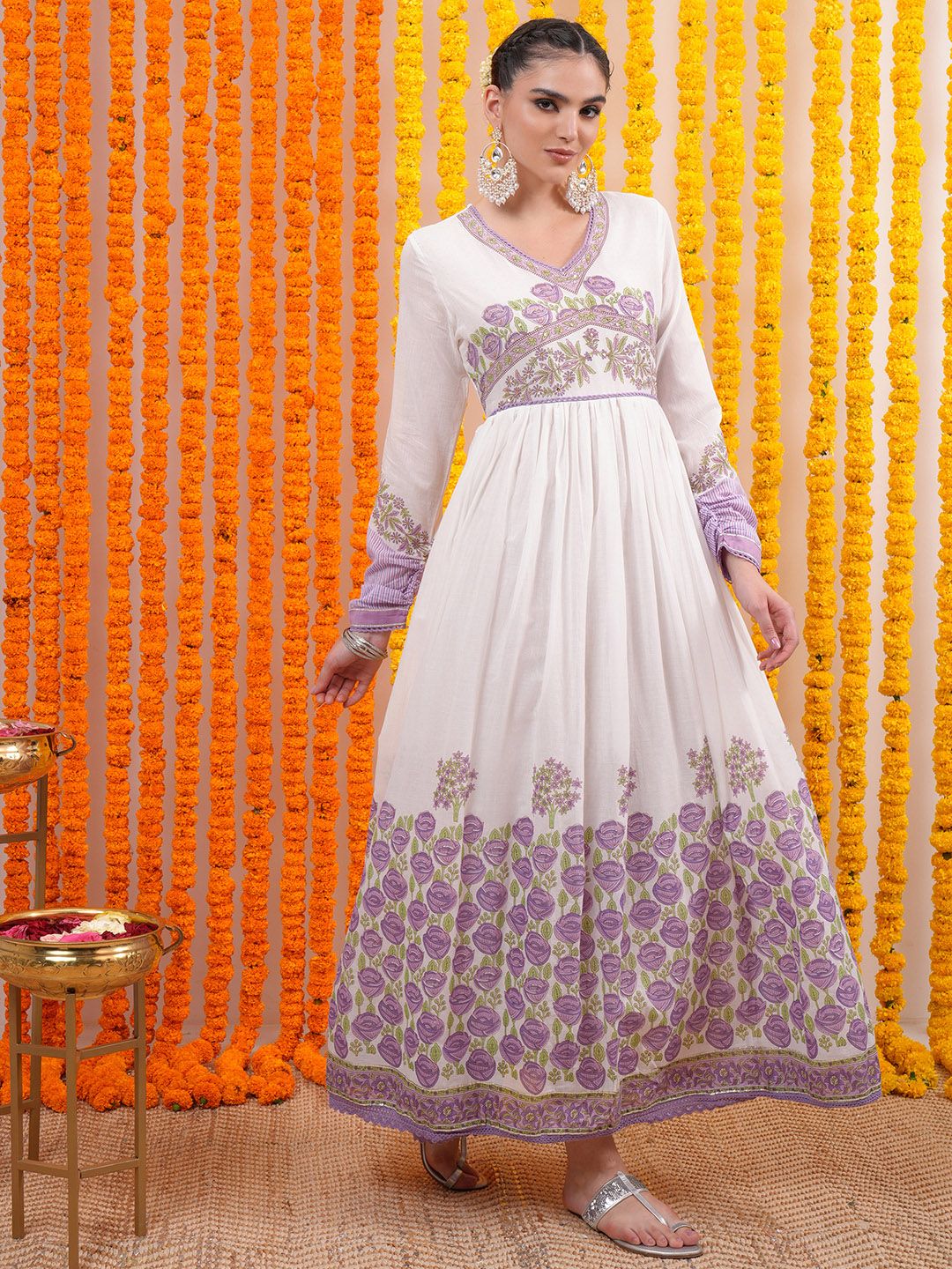 Vishudh Purple Floral Printed Pure Cotton Ethnic Dress With Dupatta