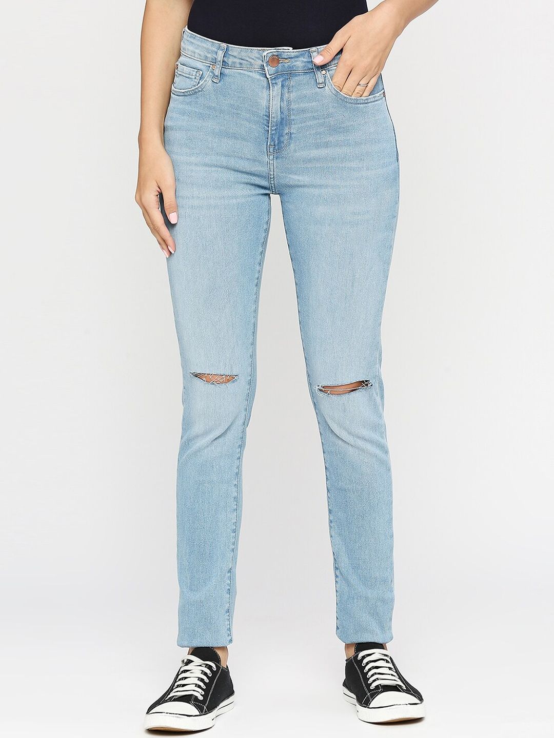 SPYKAR Women Mid-Rise Light Shade Light Fade Slash Knee Ripped Adora Non Stretchable Jeans - Skinny Fit