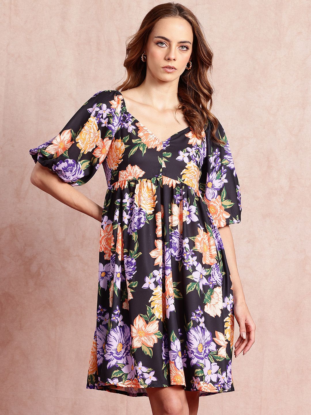 all about you Floral Print Puff Sleeves A-Line Dress
