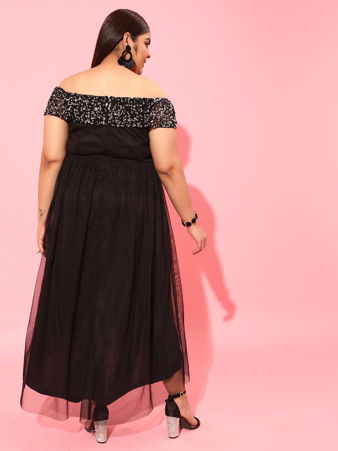 CURVY STREET Black Plus Size Off-Shoulder Net Maxi Dress